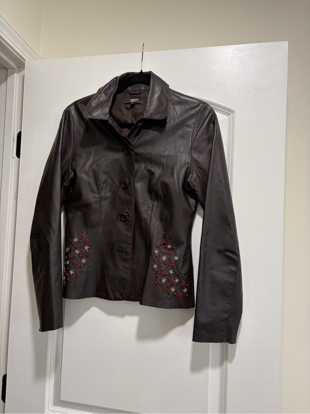 Philippe Adec 100% Genuine Leather Jacket Brown Button Up - Size 2